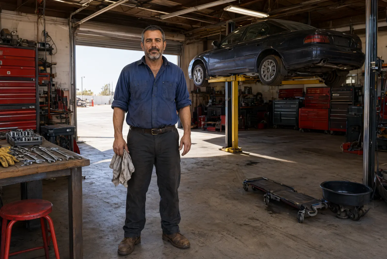 The owner of a small auto repair shop standing in his open service bay